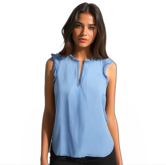 LC Lauren Conrad Blue Chambray Ruffle Top Sleeveless Keyhole Button Detail S - Picture 1 of 6